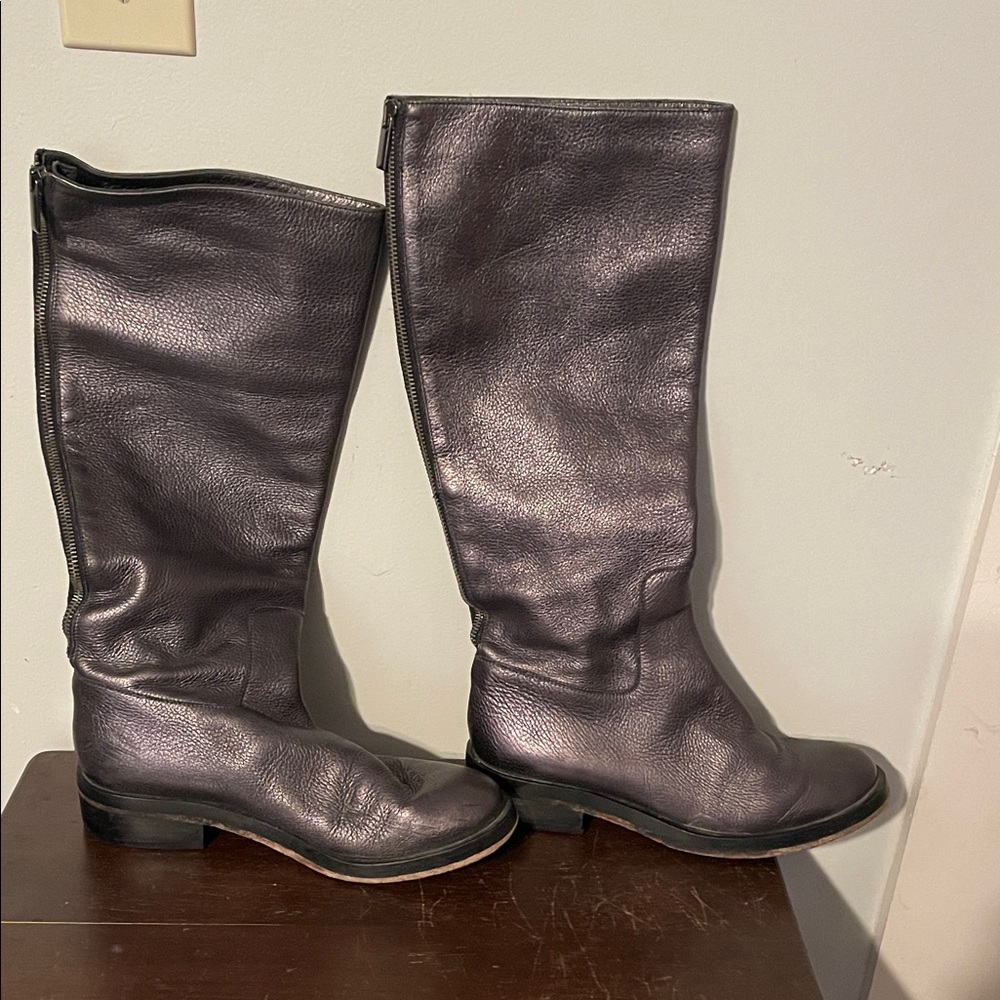 Sleek Black Metallic Leather Knee High Boots